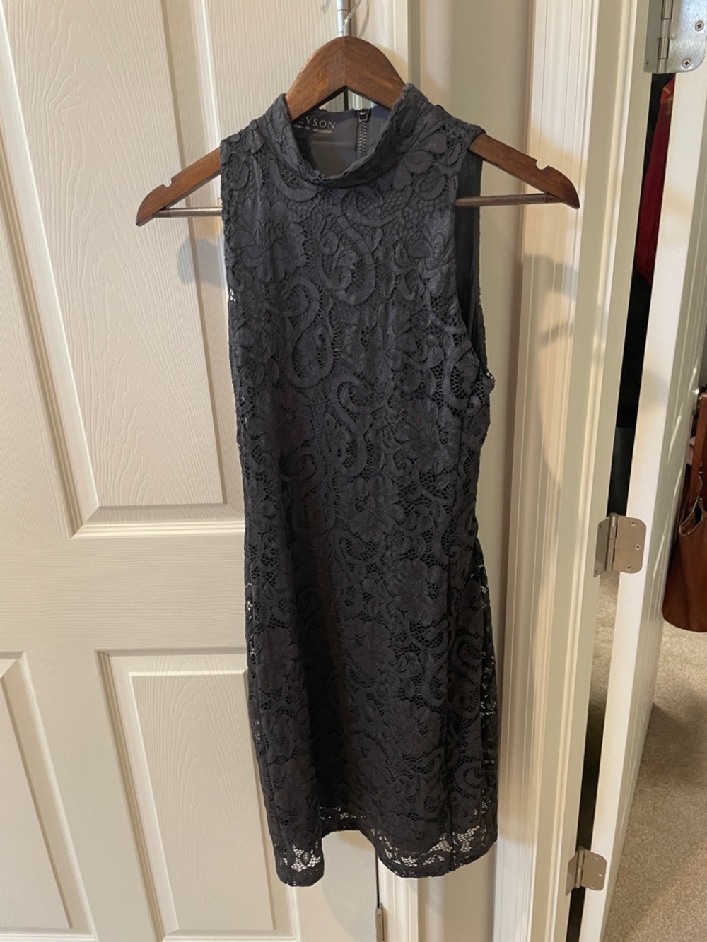 Greyson steel grey Lace Mock-Neck Mini Dress back zip